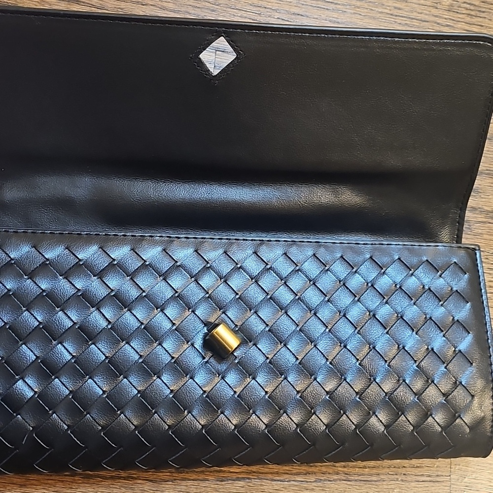 Woven Leather Clutch Bag in Black with Gold Accent - Picture 4 of 11